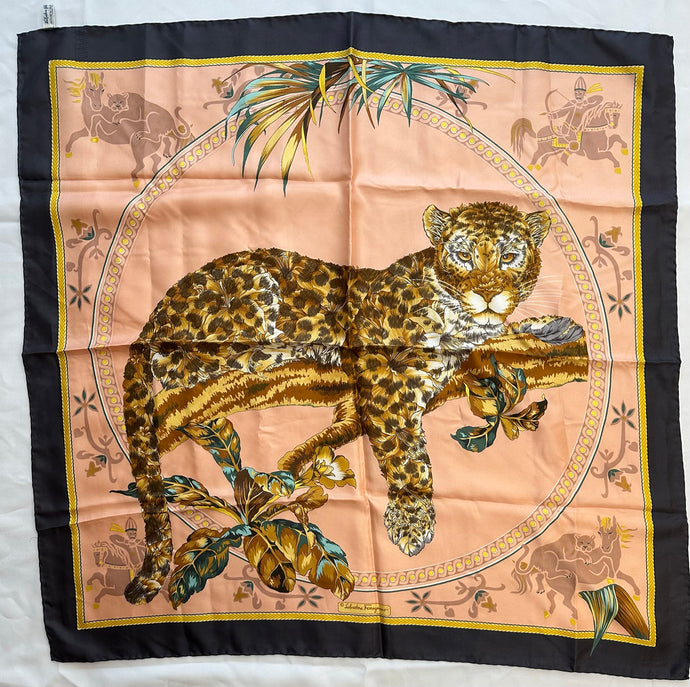 Salvatore Ferragamo Rare Lounging Leopard Pink & Grey Silk Scarf 1970s 34