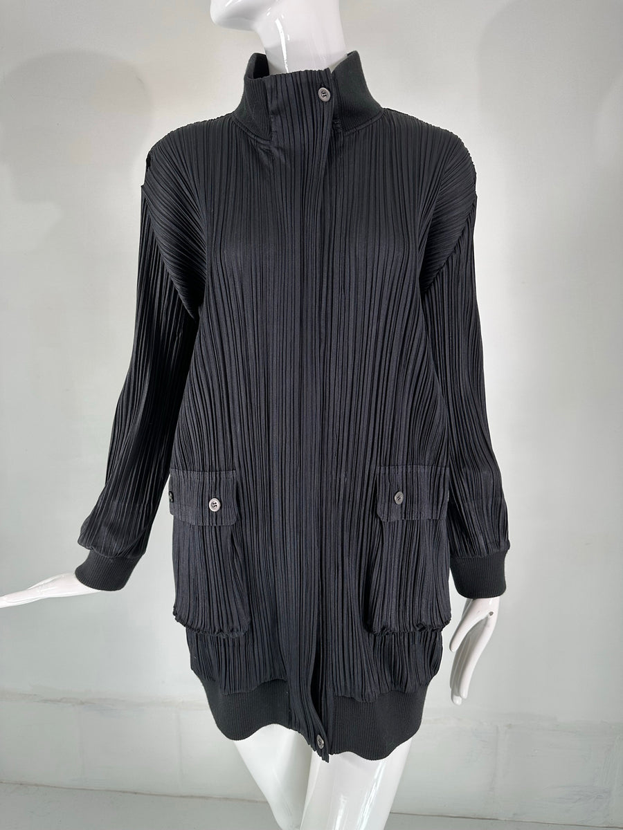 Issey Miyake Pleats Please Black Funnel Neck Hidden Zipper Front Long  Jacket 3