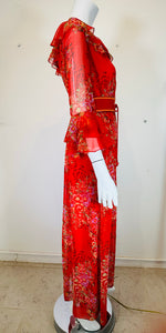 Adele Simpson Red Floral Chiffon Ruffle Neckline Maxi Dress From the 1970s