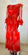 Adele Simpson Red Floral Chiffon Ruffle Neckline Maxi Dress From the 1970s