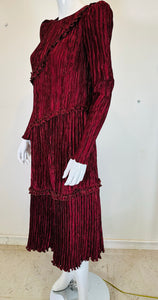Mary McFadden Garnet & Gold Pleated Peaked Shoulder Asymmetrical Hem Dress 1970s