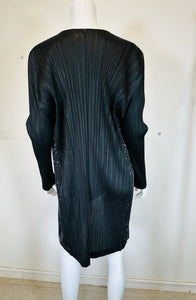 Issey Miyake Pleats Please Grey & Black Printed Open Front Square Shoulder Coat
