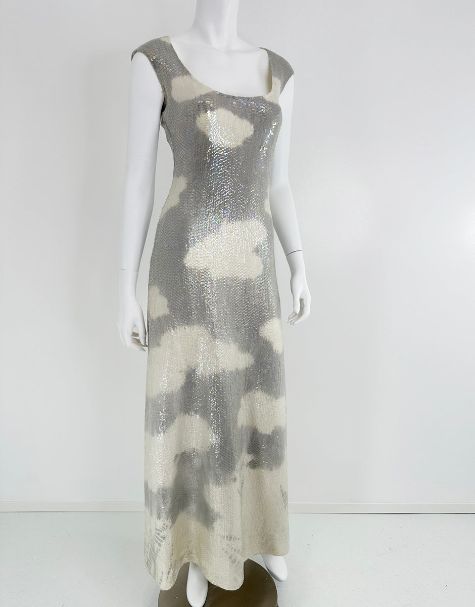 white christmas dresses Halston Iconic Clouds Dress in Stormy Grey & Cream Iridescent Sequins –  Palm Beach Vintage