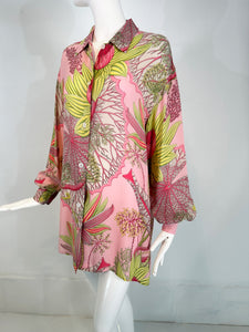 Salvatore Ferragamo 1990s Silk Crepe Tropical Foliage Oversize Blouse Tunic S