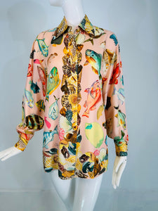 Gucci S/S 1992 Runway Pink Silk Twill Fish & Sea Shells Oversize Shirt/Tunic 42