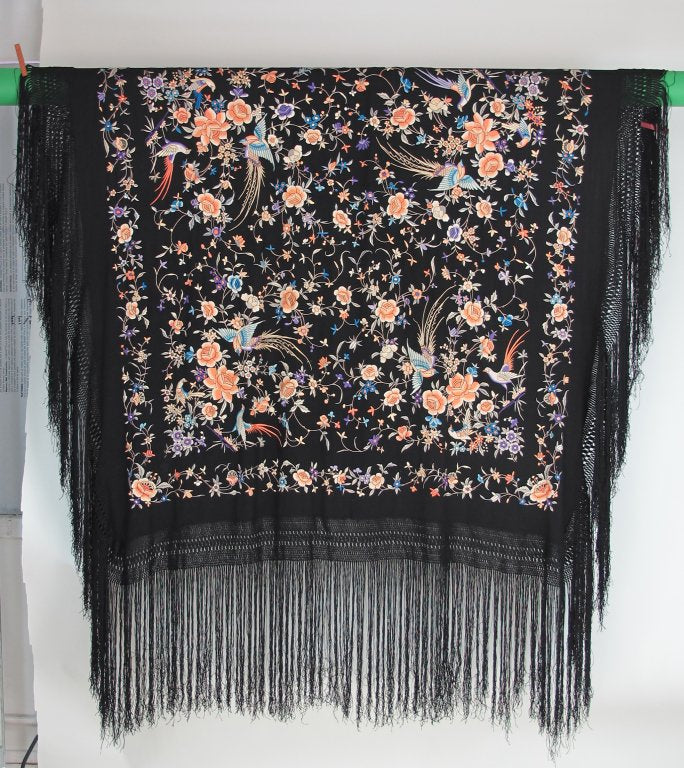 Vintage 1920's Silk Floral Embroidered Piano Shawl at 1stDibs