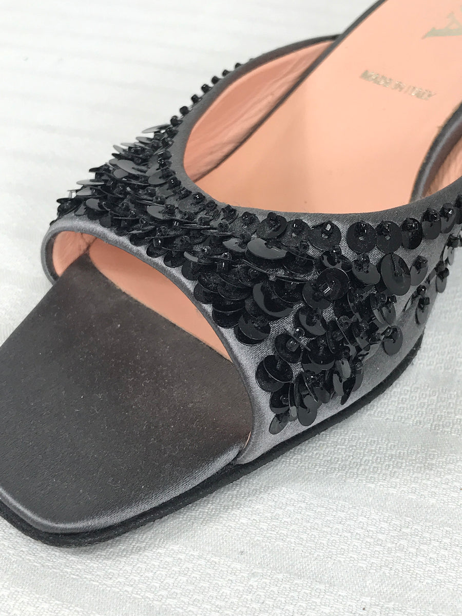 靴 99SS PRADA sequins mules black SOLD Prada Silver Satin & Black Sequin Open Toe Under Slung Heel