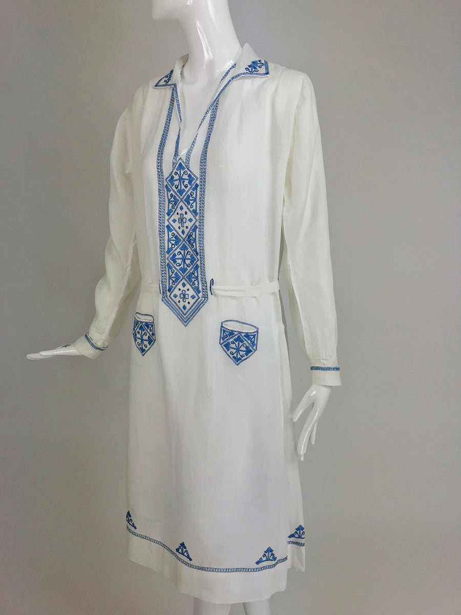 SOLD Vintage1920s Hand Embroidered Blue and White Linen Day Dress  Palm  Beach Vintage