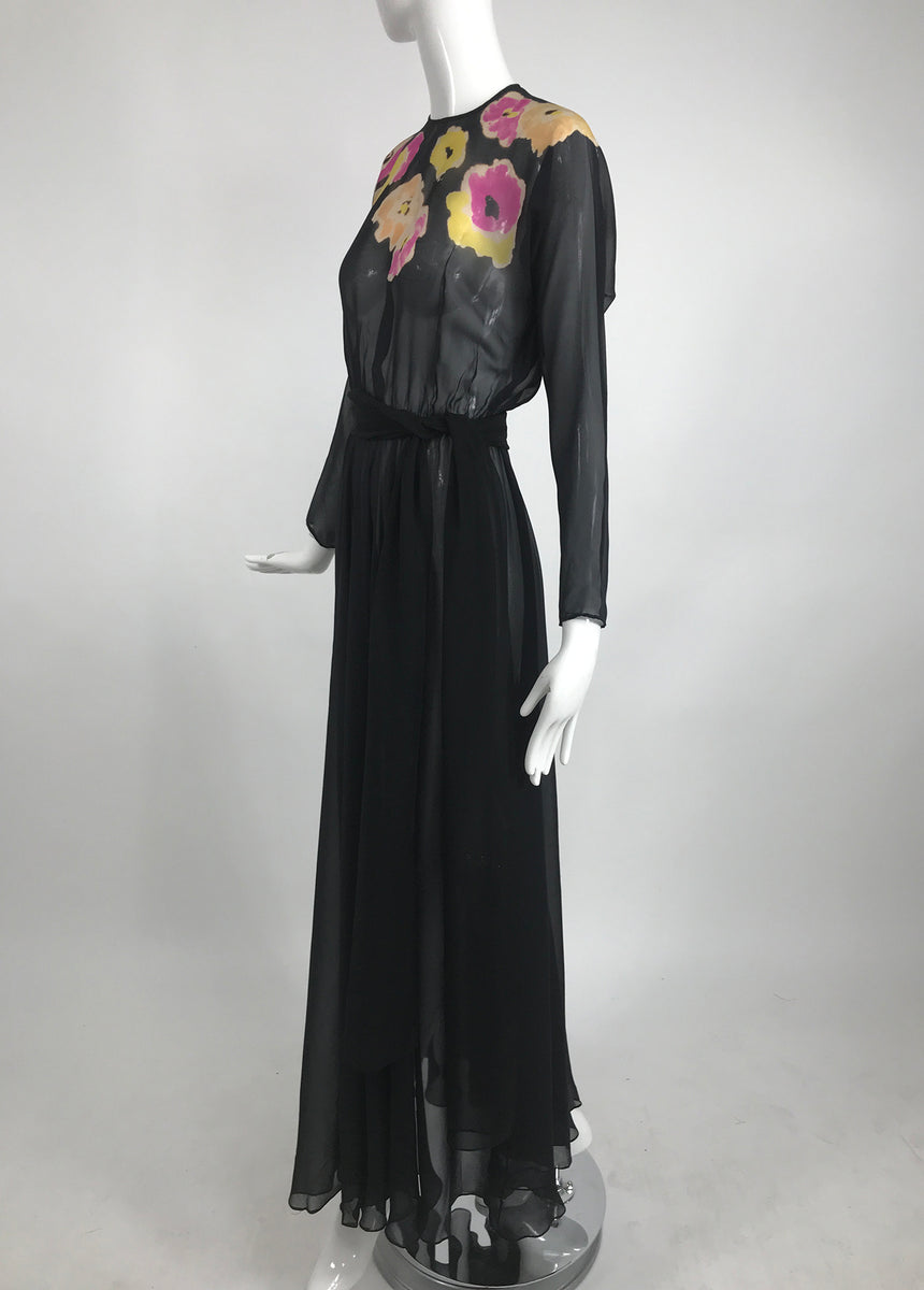 Vintage 1930s Floral Print Bias Cut Black Silk Chiffon Maxi Dress ...