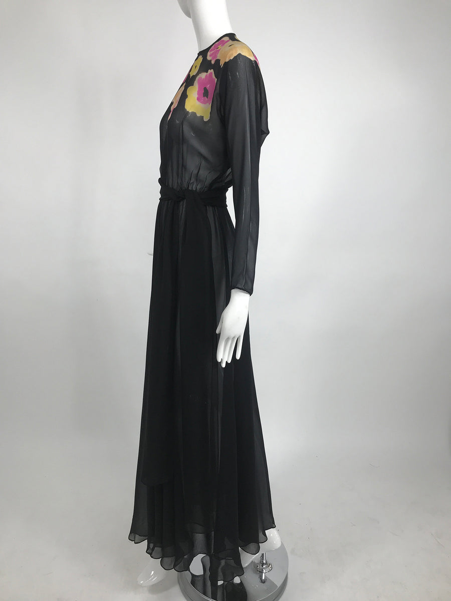 Vintage 1930s Floral Print Bias Cut Black Silk Chiffon Maxi Dress ...
