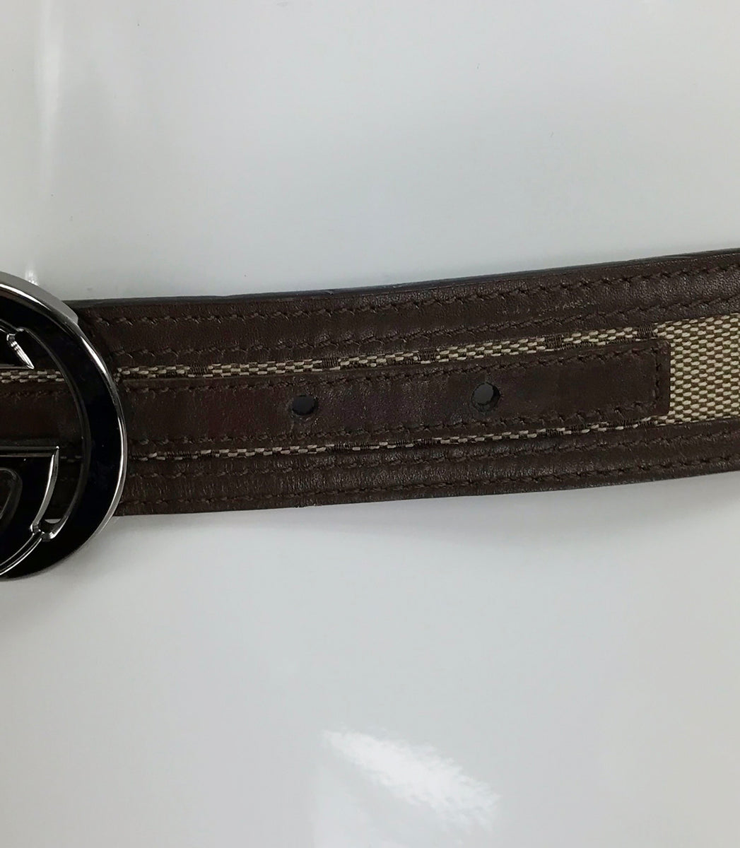 Gucci Silver Buckle Logo Canvas and Leather Belt – Palm Beach Vintage