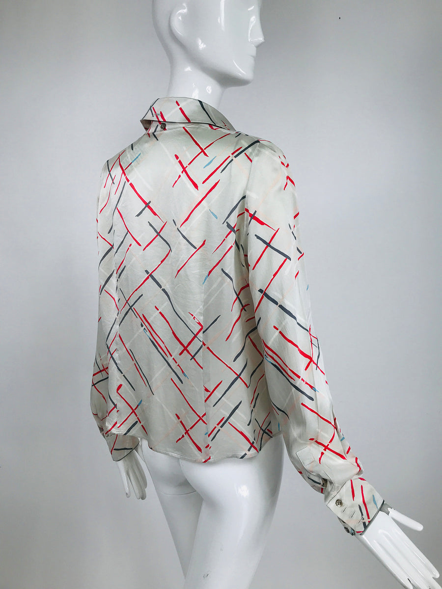 Louis Feraud Silvery White Abstract Print Silk Blouse – Palm Beach