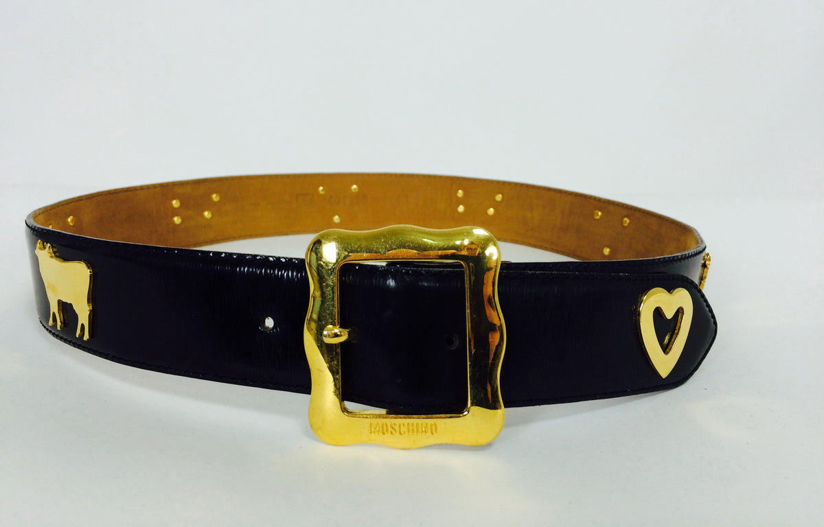 Moschino Leather Heart Clasp Buckle Vintage Leather Belt by Redwall Italy Moschino Red Shiny Leather Large Gold Tone Heart Buckle Belt  main image 4