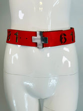 Norma Kamali Red Leather Novelty Numbers Belt with Silver Cross Buckle S-M