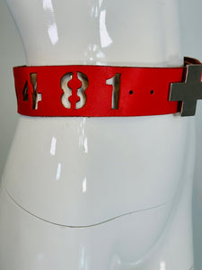 Norma Kamali Red Leather Novelty Numbers Belt with Silver Cross Buckle S-M