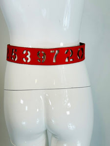 Norma Kamali Red Leather Novelty Numbers Belt with Silver Cross Buckle S-M