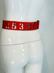 Norma Kamali Red Leather Novelty Numbers Belt with Silver Cross Buckle S-M