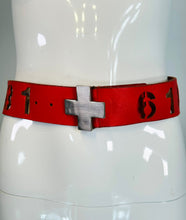 Norma Kamali Red Leather Novelty Numbers Belt with Silver Cross Buckle S-M