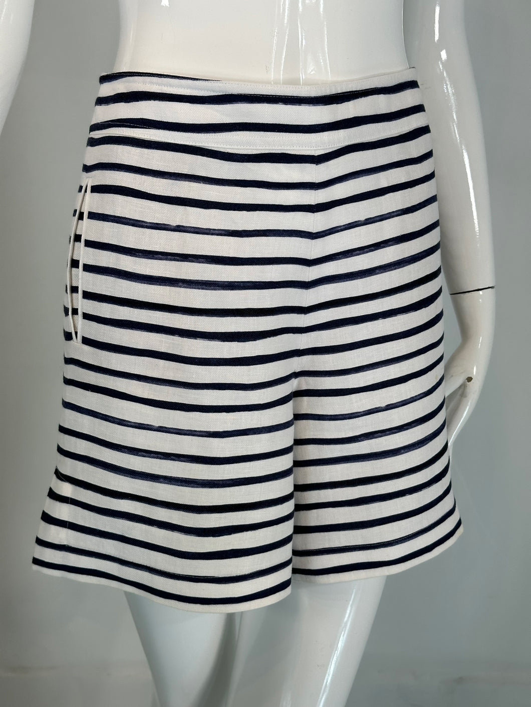 Loro Piana Blue & White Horizontal Stripe Linen Full Leg Shorts 42