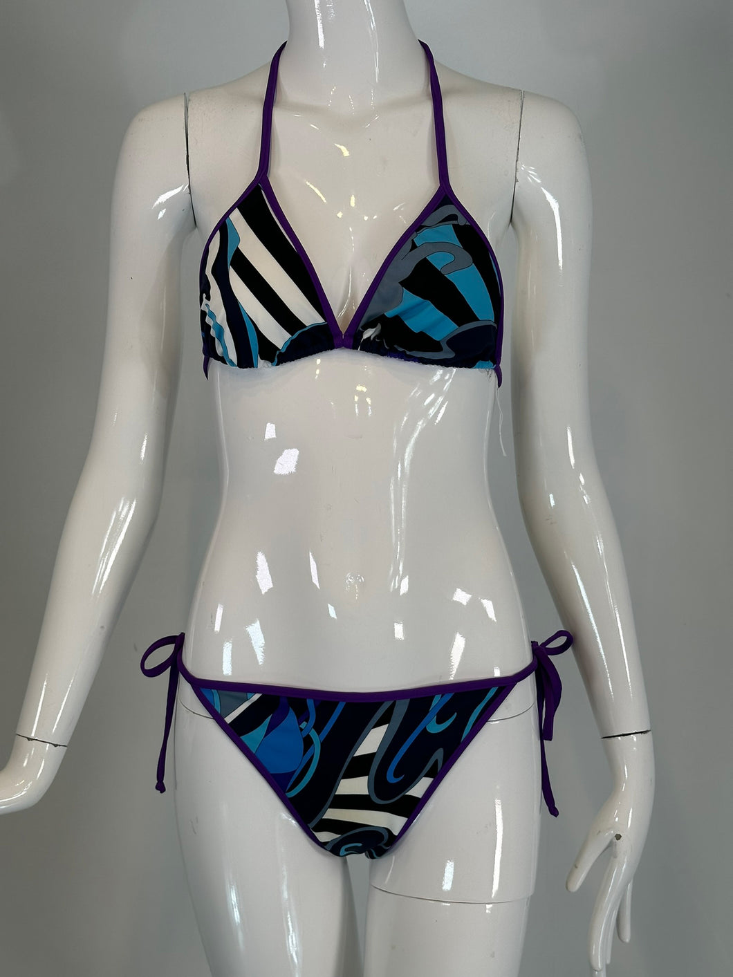 Emilio Pucci Purple Black White Blue & Grey Print 2 Piece String Bikini 44