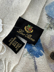 Loro Piana Cashmere & Silk Blue & Cream Floral Fringe Hem Shawl Stole 28 X 80