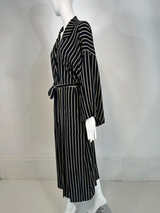 Giorgio Armani Black & White Stripe Silk Crepe Kimono Sleeve Wrap Robe 40