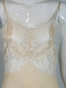 1930s Hand Made Cream Silk Chiffon Bobbin Lace Applique & Embroidered Slip