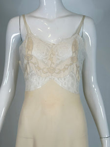 1930s Hand Made Cream Silk Chiffon Bobbin Lace Applique & Embroidered Slip