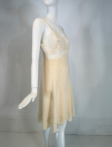 1930s Hand Made Cream Silk Chiffon Bobbin Lace Applique & Embroidered Slip