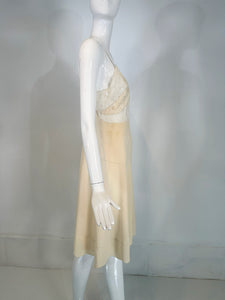 1930s Hand Made Cream Silk Chiffon Bobbin Lace Applique & Embroidered Slip