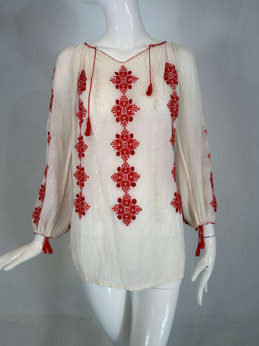 1960s Vintage Hungarian Red & White Hand embroidered Gauze Peasant Blouse