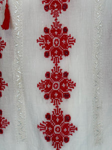 1960s Vintage Hungarian Red & White Hand embroidered Gauze Peasant Blouse