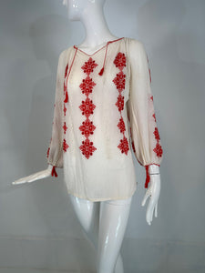 1960s Vintage Hungarian Red & White Hand embroidered Gauze Peasant Blouse