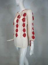 1960s Vintage Hungarian Red & White Hand embroidered Gauze Peasant Blouse