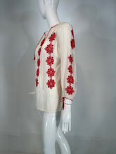 1960s Vintage Hungarian Red & White Hand embroidered Gauze Peasant Blouse