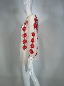 1960s Vintage Hungarian Red & White Hand embroidered Gauze Peasant Blouse