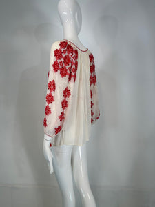 1960s Vintage Hungarian Red & White Hand embroidered Gauze Peasant Blouse