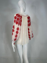 1960s Vintage Hungarian Red & White Hand embroidered Gauze Peasant Blouse