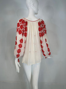 1960s Vintage Hungarian Red & White Hand embroidered Gauze Peasant Blouse