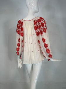 1960s Vintage Hungarian Red & White Hand embroidered Gauze Peasant Blouse