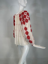 1960s Vintage Hungarian Red & White Hand embroidered Gauze Peasant Blouse