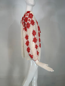 1960s Vintage Hungarian Red & White Hand embroidered Gauze Peasant Blouse