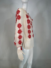 1960s Vintage Hungarian Red & White Hand embroidered Gauze Peasant Blouse