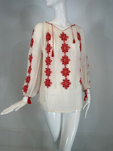 1960s Vintage Hungarian Red & White Hand embroidered Gauze Peasant Blouse