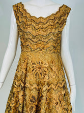 1950s Gold Floral Ribbon Applique on Sequin Tulle Circle Skirt Cocktail Dress