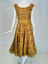 1950s Gold Floral Ribbon Applique on Sequin Tulle Circle Skirt Cocktail Dress