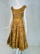 1950s Gold Floral Ribbon Applique on Sequin Tulle Circle Skirt Cocktail Dress