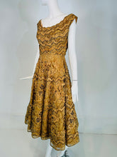 1950s Gold Floral Ribbon Applique on Sequin Tulle Circle Skirt Cocktail Dress