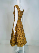 1950s Gold Floral Ribbon Applique on Sequin Tulle Circle Skirt Cocktail Dress