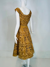 1950s Gold Floral Ribbon Applique on Sequin Tulle Circle Skirt Cocktail Dress